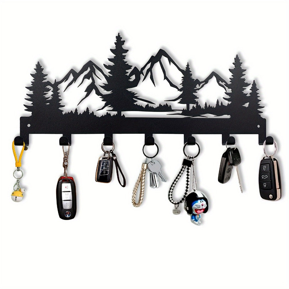 HELLOYOUNG Contemporary Metal Key Hanger Stand - Simply Mounted Wall Hooks for Keys, Jackets, Hand Towels, Caps and Purses - Trendy Foyer and Washroom Attachments - Ornamental Organizing Hooks with Mountain and Forest Design,
