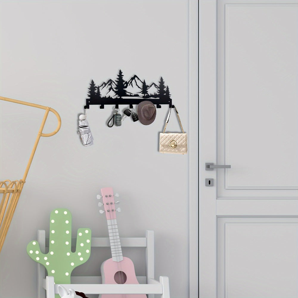 HELLOYOUNG Contemporary Metal Key Hanger Stand - Simply Mounted Wall Hooks for Keys, Jackets, Hand Towels, Caps and Purses - Trendy Foyer and Washroom Attachments - Ornamental Organizing Hooks with Mountain and Forest Design,