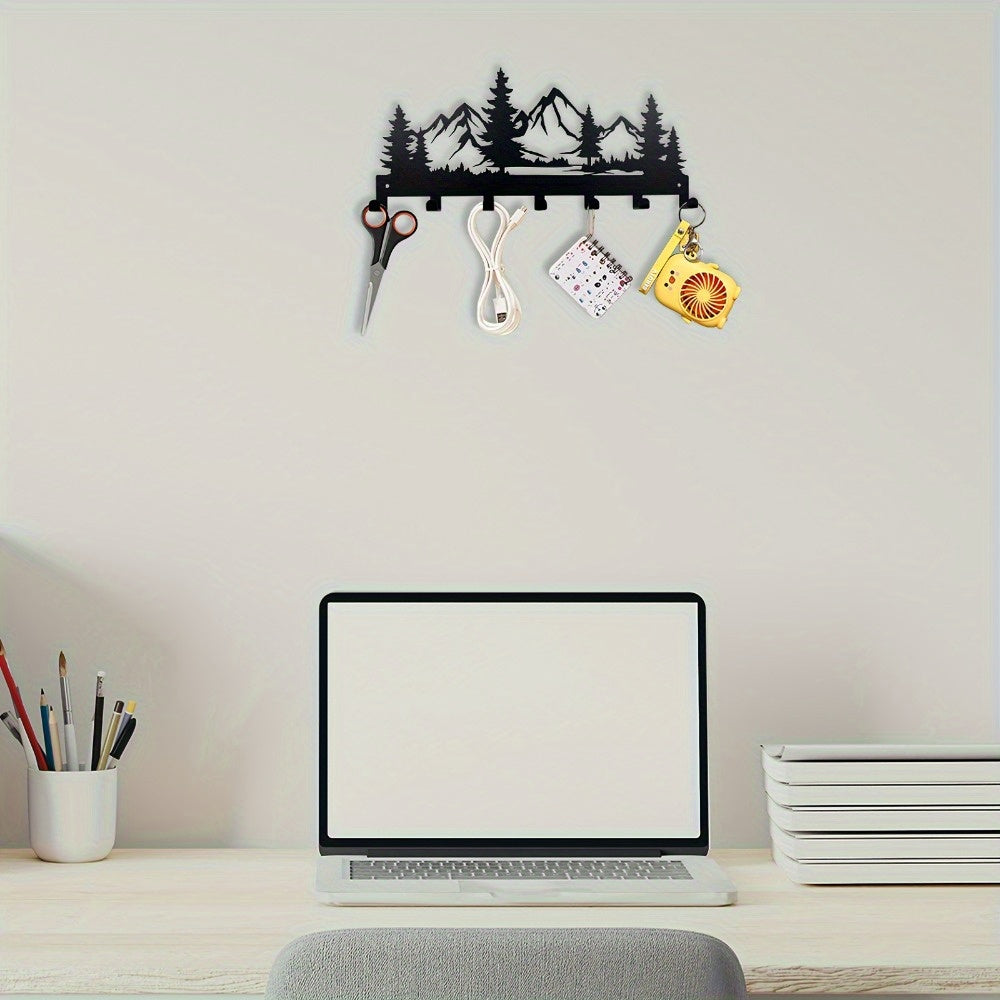 HELLOYOUNG Contemporary Metal Key Hanger Stand - Simply Mounted Wall Hooks for Keys, Jackets, Hand Towels, Caps and Purses - Trendy Foyer and Washroom Attachments - Ornamental Organizing Hooks with Mountain and Forest Design,