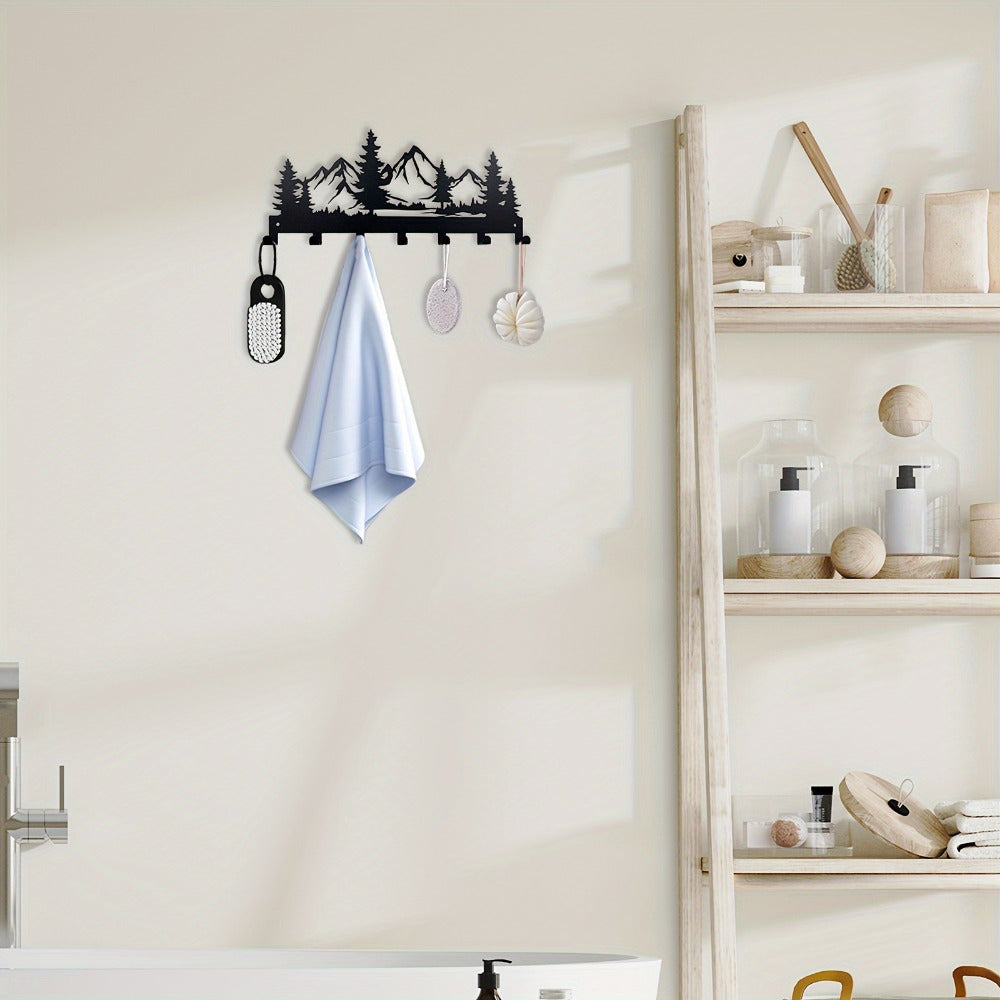 HELLOYOUNG Contemporary Metal Key Hanger Stand - Simply Mounted Wall Hooks for Keys, Jackets, Hand Towels, Caps and Purses - Trendy Foyer and Washroom Attachments - Ornamental Organizing Hooks with Mountain and Forest Design,