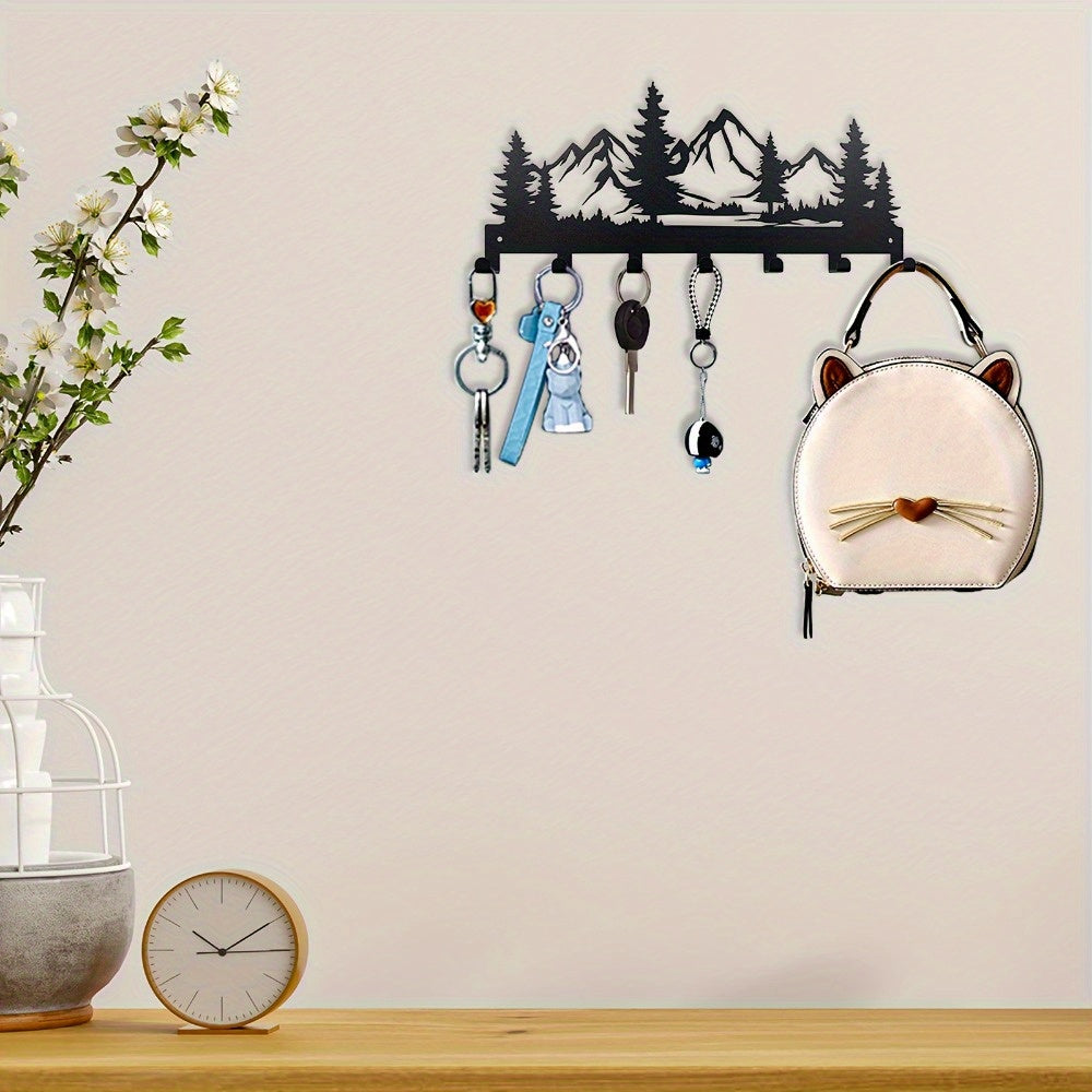 HELLOYOUNG Contemporary Metal Key Hanger Stand - Simply Mounted Wall Hooks for Keys, Jackets, Hand Towels, Caps and Purses - Trendy Foyer and Washroom Attachments - Ornamental Organizing Hooks with Mountain and Forest Design,