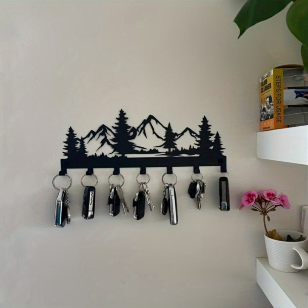 HELLOYOUNG Contemporary Metal Key Hanger Stand - Simply Mounted Wall Hooks for Keys, Jackets, Hand Towels, Caps and Purses - Trendy Foyer and Washroom Attachments - Ornamental Organizing Hooks with Mountain and Forest Design,