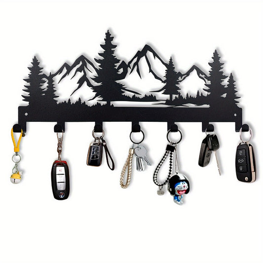HELLOYOUNG Contemporary Metal Key Hanger Stand - Simply Mounted Wall Hooks for Keys, Jackets, Hand Towels, Caps and Purses - Trendy Foyer and Washroom Attachments - Ornamental Organizing Hooks with Mountain and Forest Design,